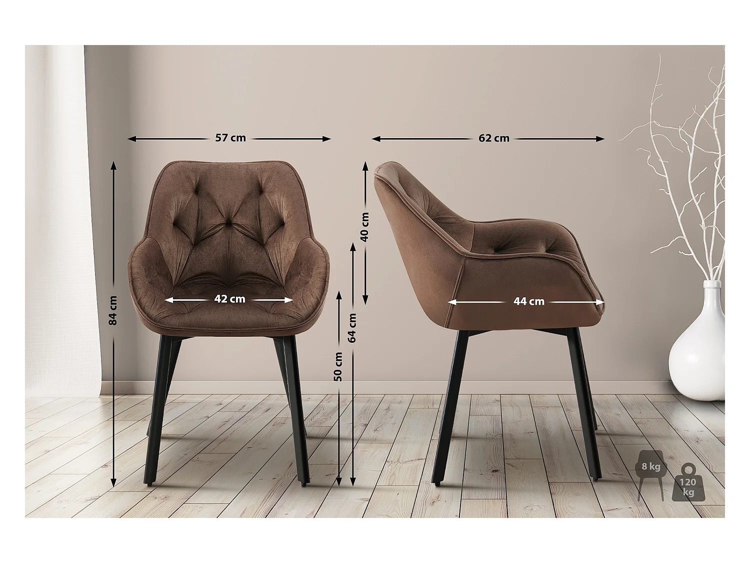 Lot de 2  chaises avec accoudoirs - Velours - Marron - Antigo