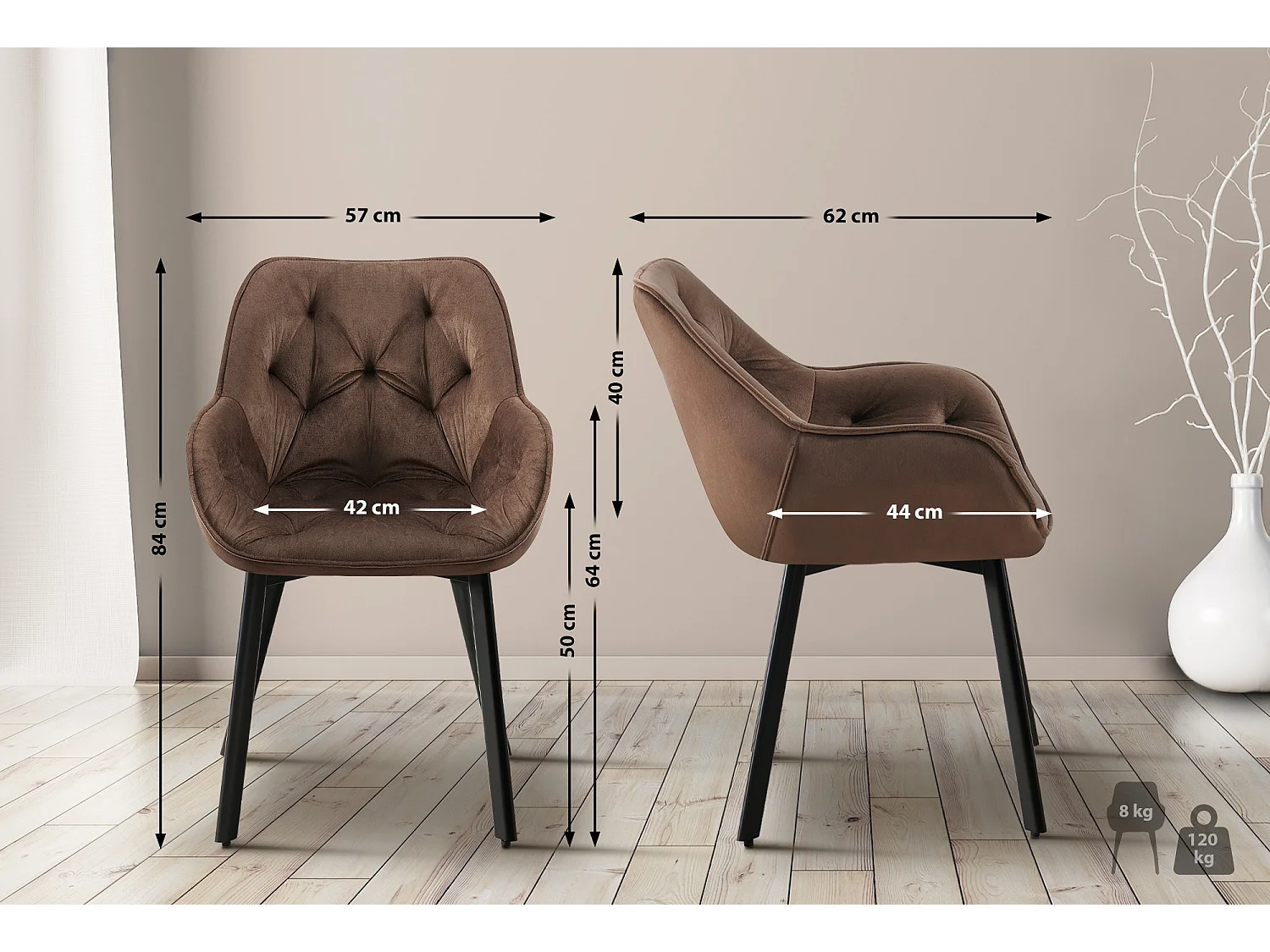 Lot de 2  chaises avec accoudoirs - Velours - Marron - Antigo