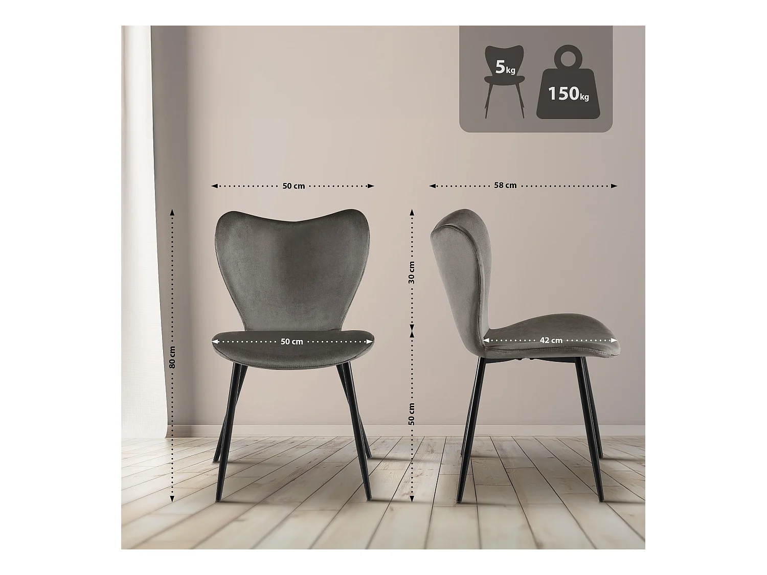 chaise salle à manger - Velours - Anthracite - Maika