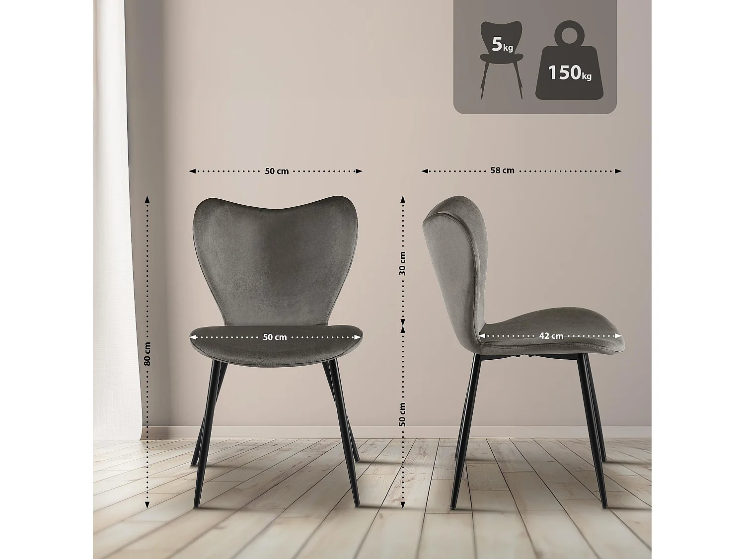 chaise salle à manger - Velours - Anthracite - Maika