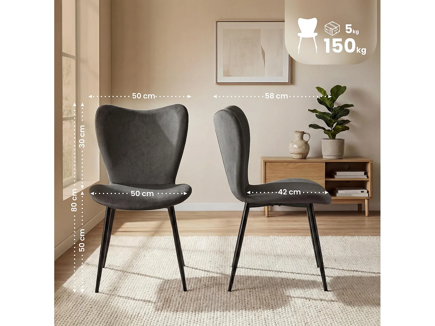 chaise salle à manger - Velours - Anthracite - Maika