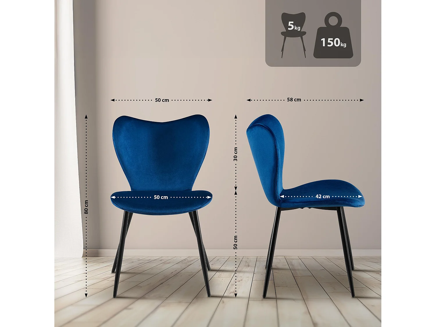 chaise salle à manger - Velours - Bleu foncé - Maika