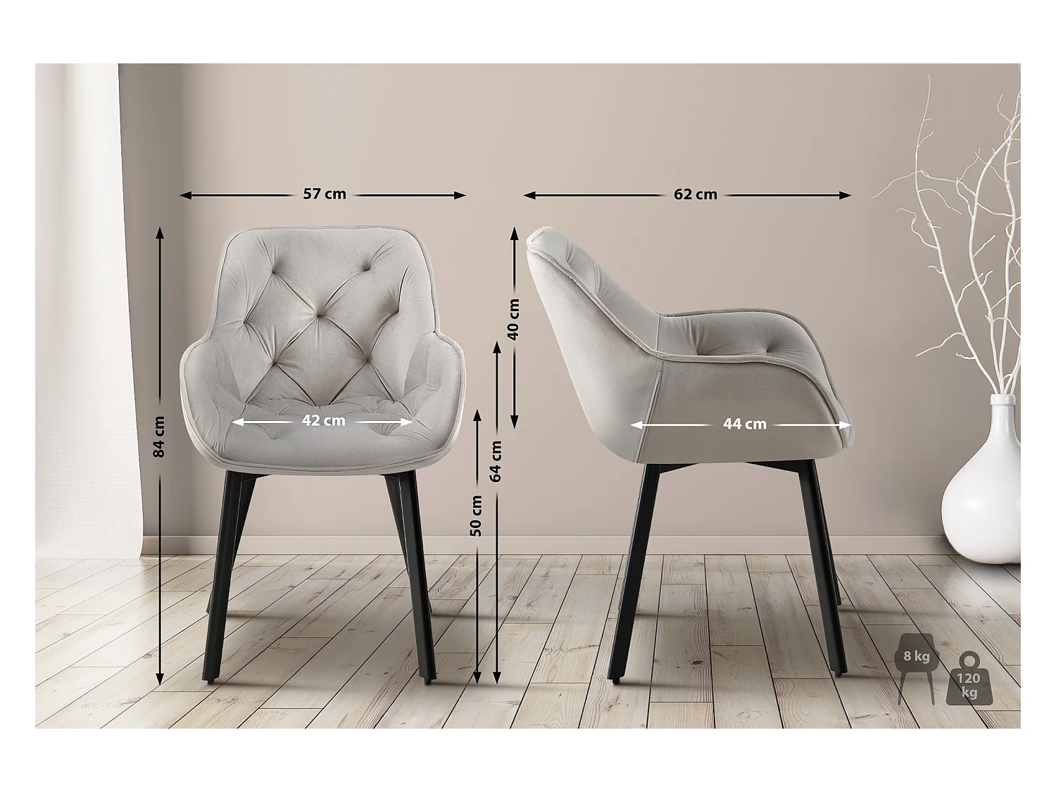 Lot de 2  chaises avec accoudoirs - Velours - Gris - Antigo