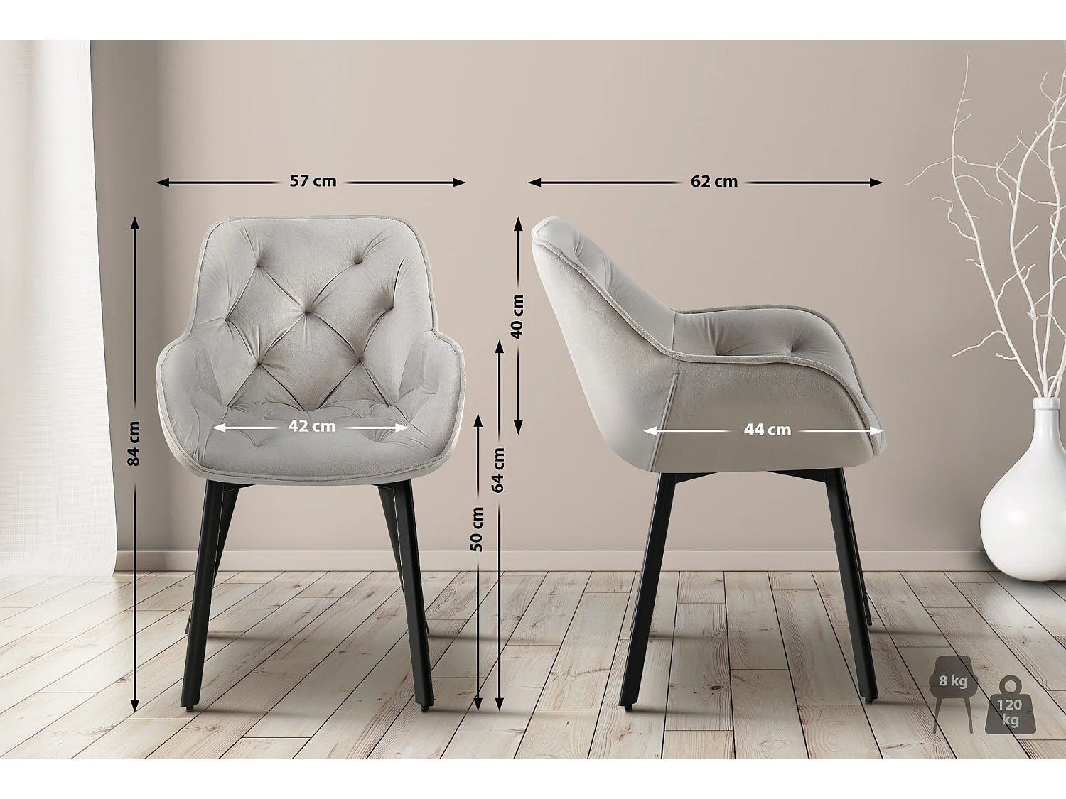 Lot de 2  chaises avec accoudoirs - Velours - Gris - Antigo