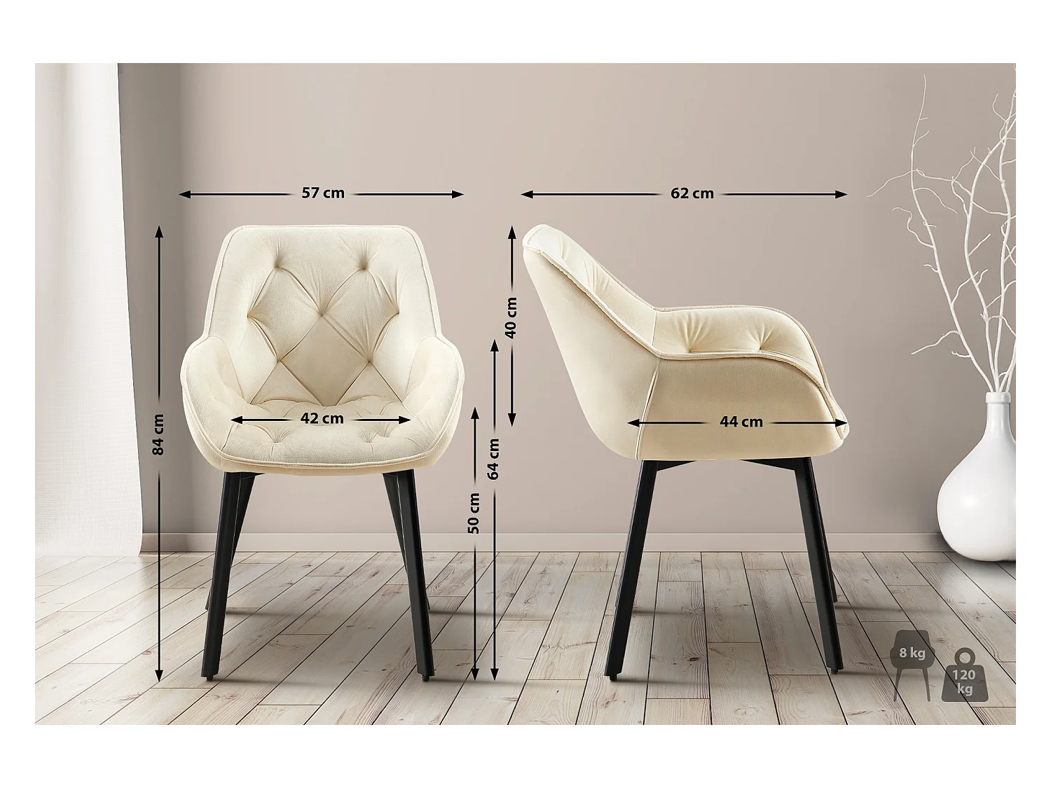 Lot de 2  chaises avec accoudoirs - Velours - Crème - Antigo