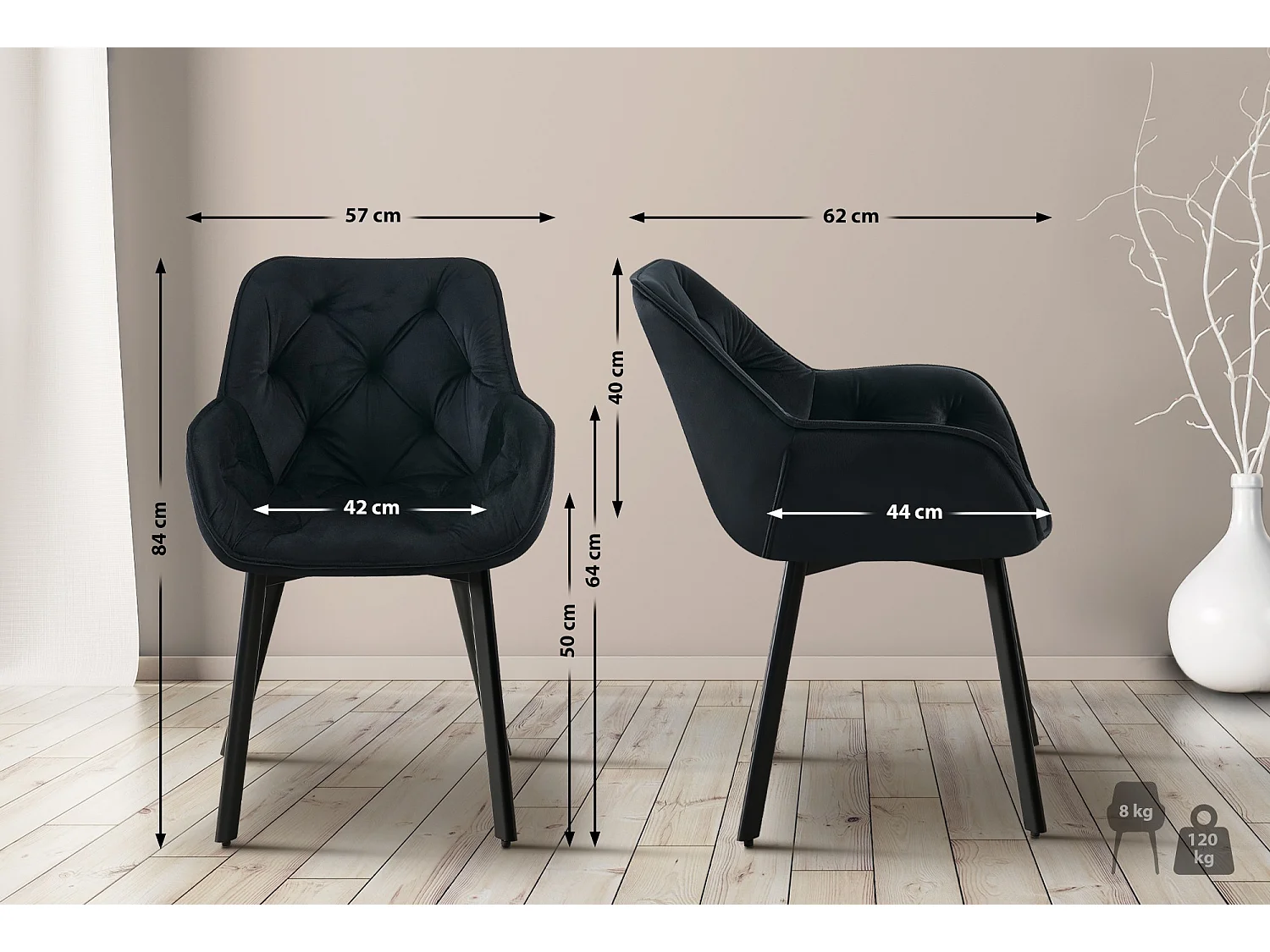 Lot de 2  chaises avec accoudoirs - Velours - Noir - Antigo