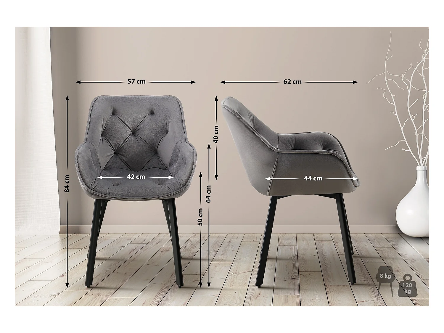 Lot de 2  chaises avec accoudoirs - Velours - Gris foncé - Antigo