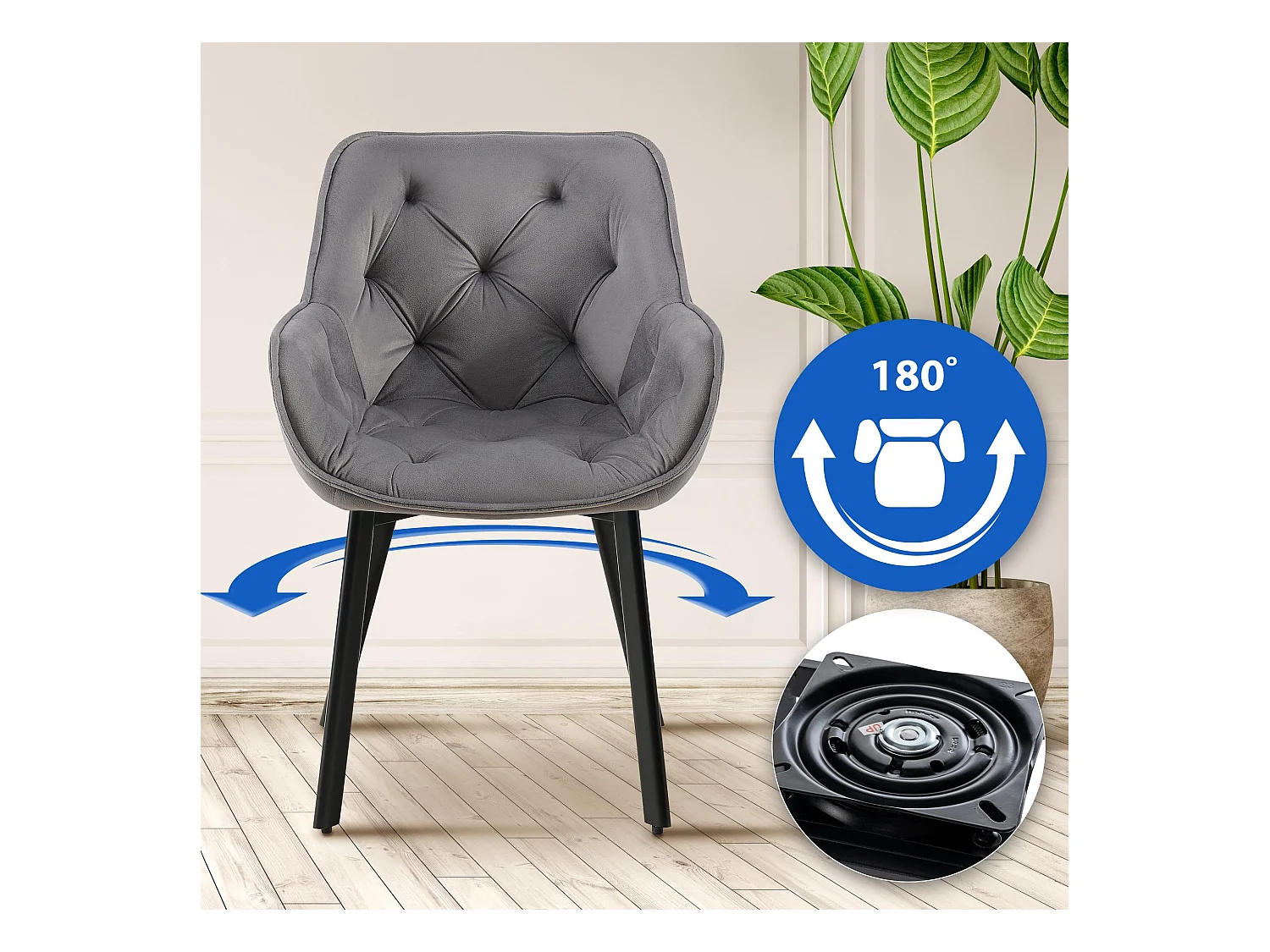 Lot de 2  chaises avec accoudoirs - Velours - Gris foncé - Antigo