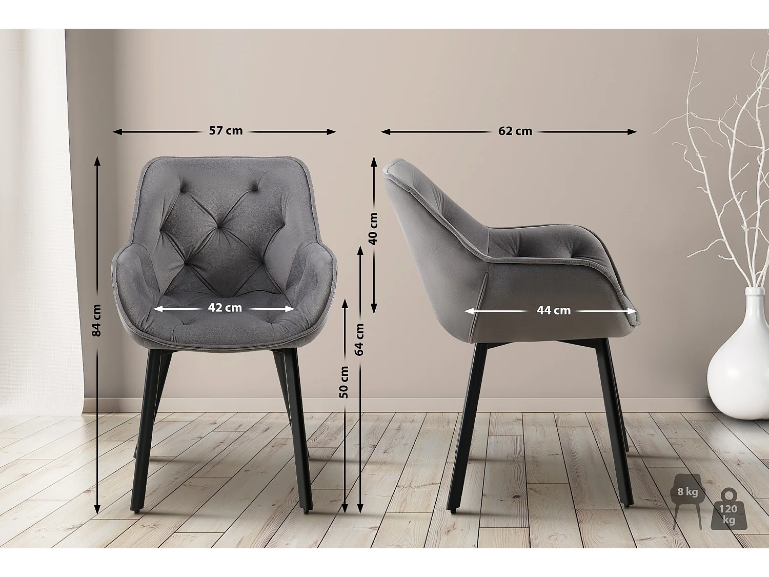 Lot de 2  chaises avec accoudoirs - Velours - Gris foncé - Antigo