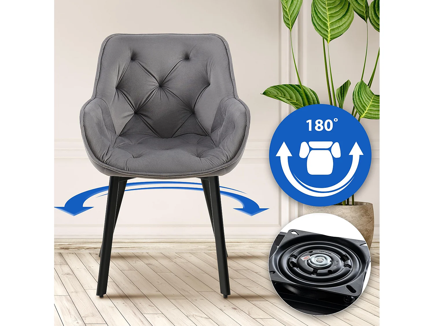 Lot de 2  chaises avec accoudoirs - Velours - Gris foncé - Antigo