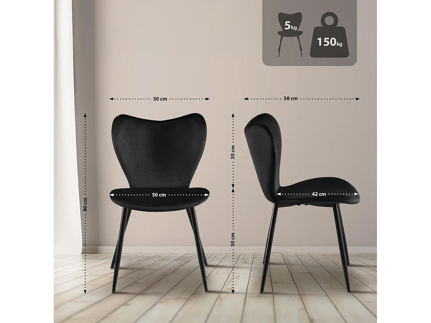 chaise salle à manger - Velours - Noir - Maika