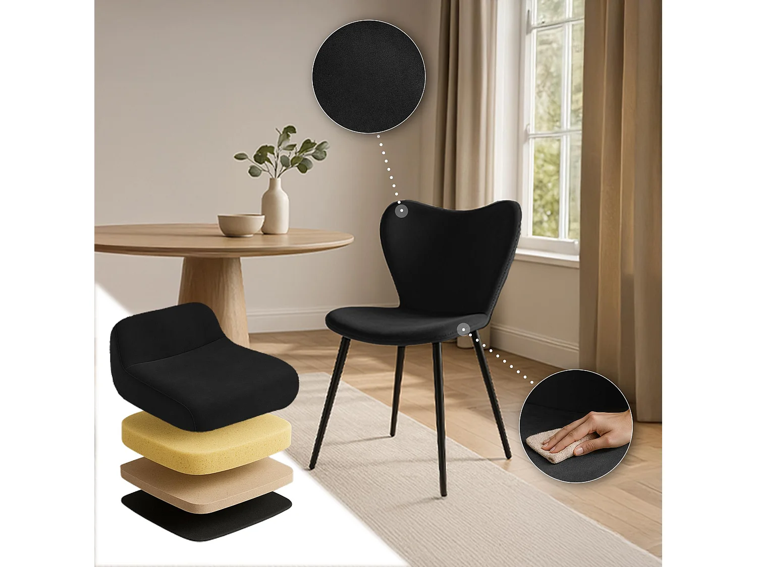 chaise salle à manger - Velours - Noir - Maika