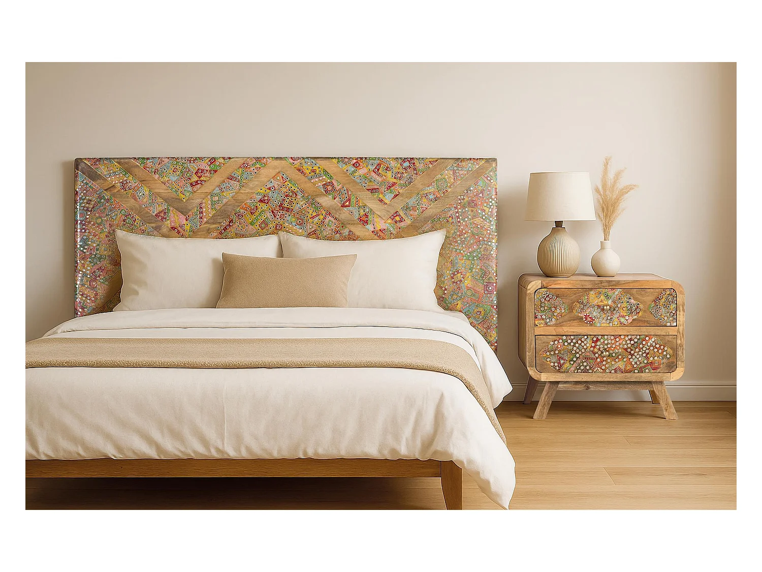 Tête de lit en bois de manguier avec mosaïques artisanales  80 cm