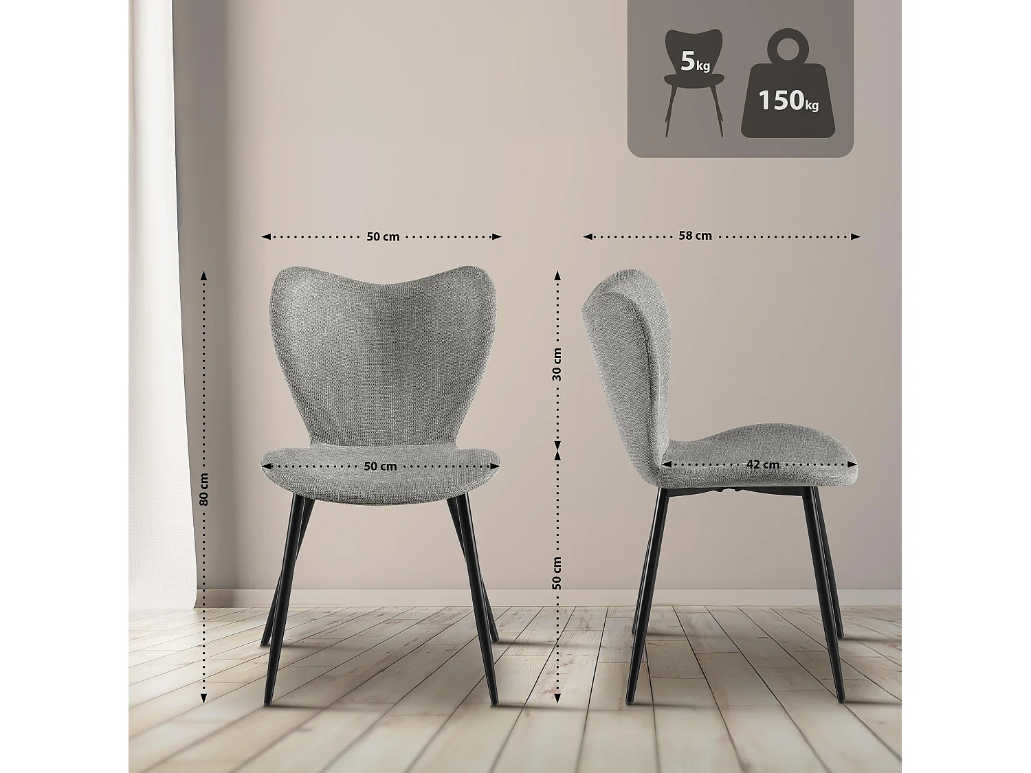 chaise salle à manger - Tissu - Gris - Maika