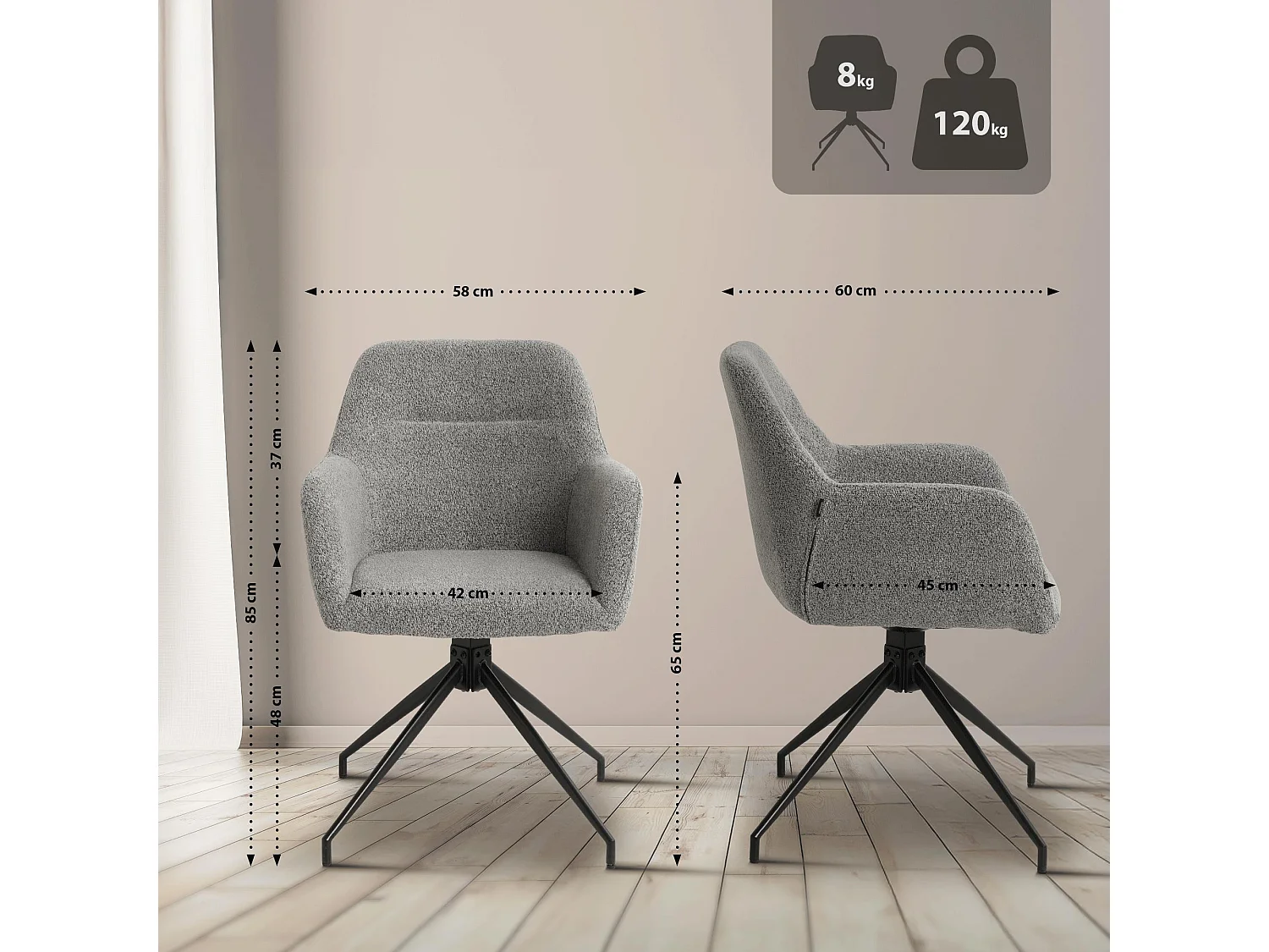 chaises avec accoudoirs - Tissu - Gris - Merlinda