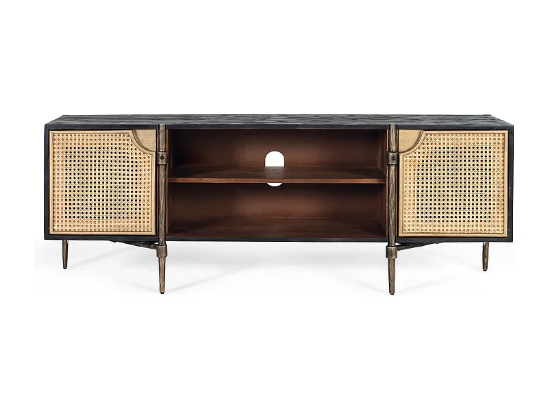 TV-Schrank aus Mangoholz mit Rohrtüren und Bronzebeinen