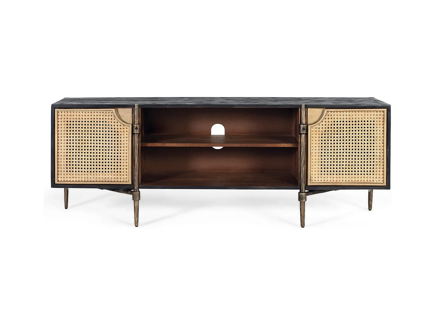 Meuble TV en bois de manguier avec portes cannage et pieds en bronze