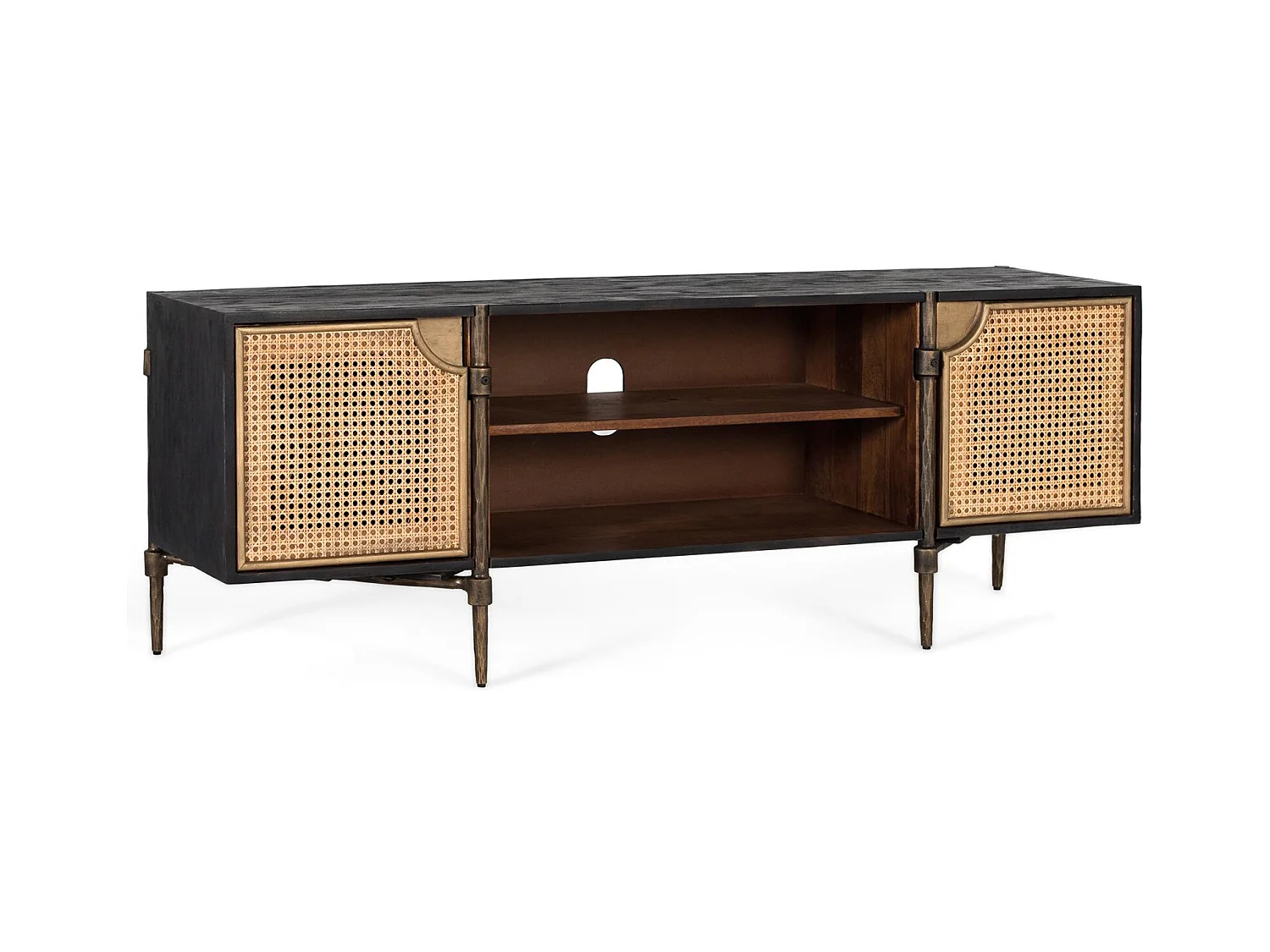 Meuble TV en bois de manguier avec portes cannage et pieds en bronze