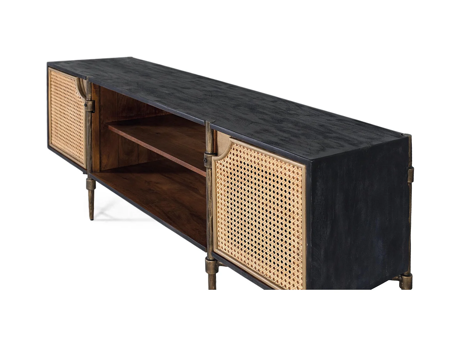 Meuble TV en bois de manguier avec portes cannage et pieds en bronze