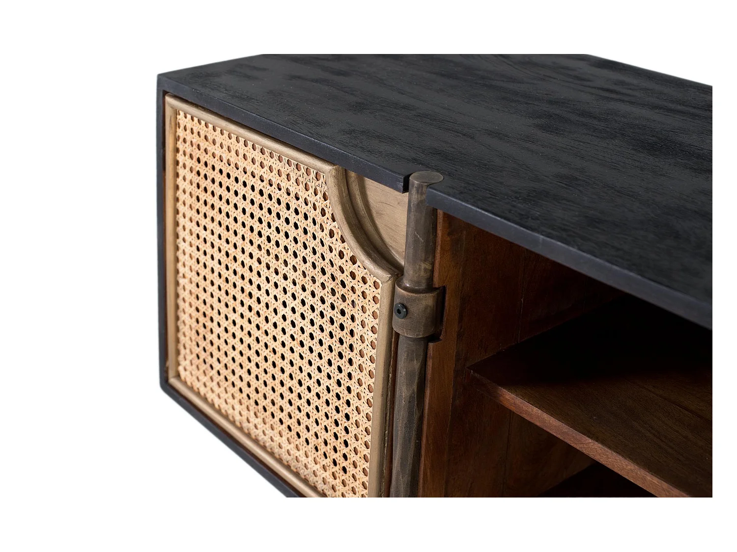 Meuble TV en bois de manguier avec portes cannage et pieds en bronze