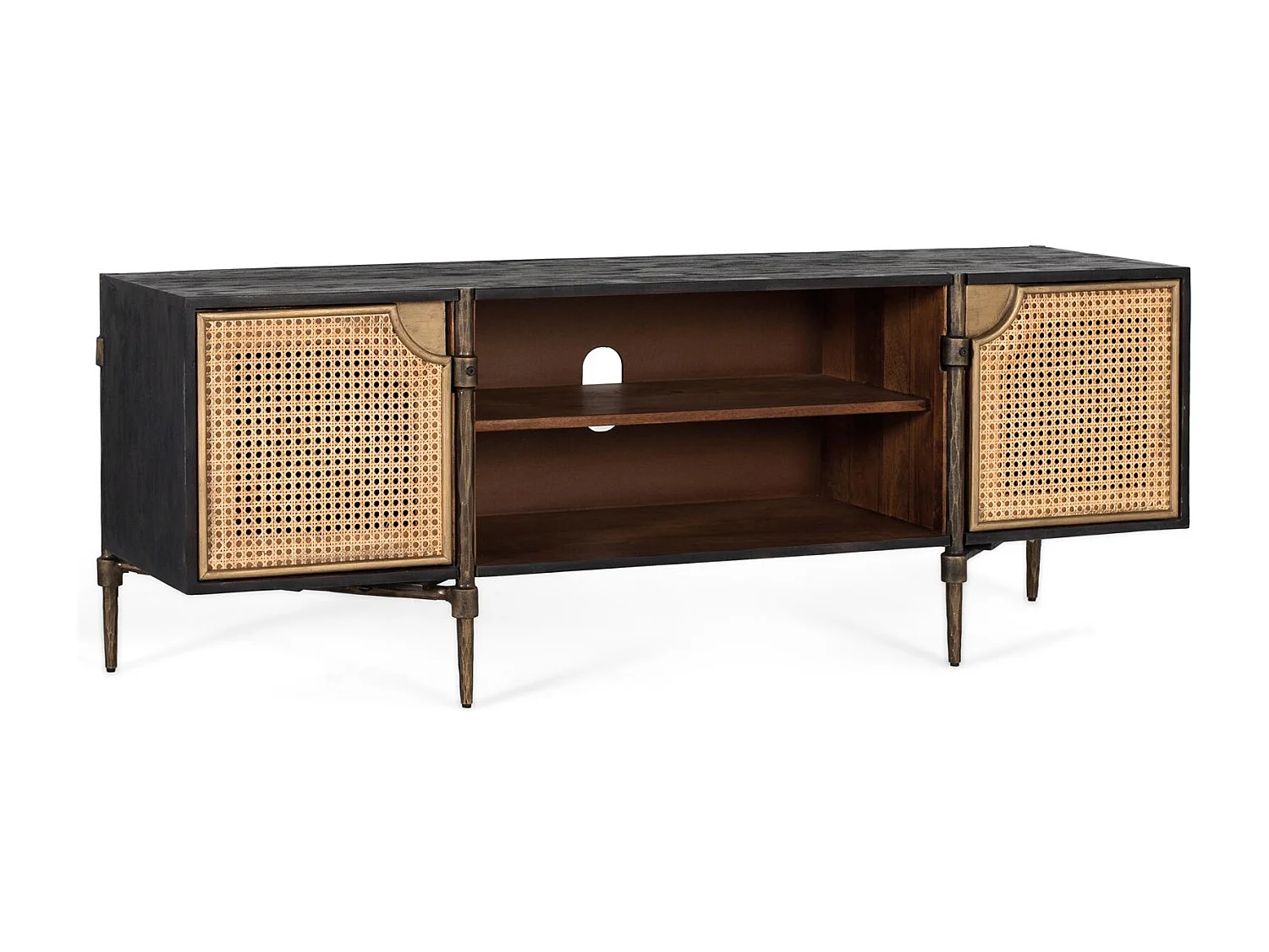 Meuble TV en bois de manguier avec portes cannage et pieds en bronze