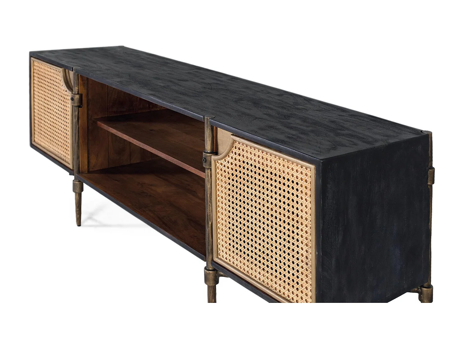 Meuble TV en bois de manguier avec portes cannage et pieds en bronze