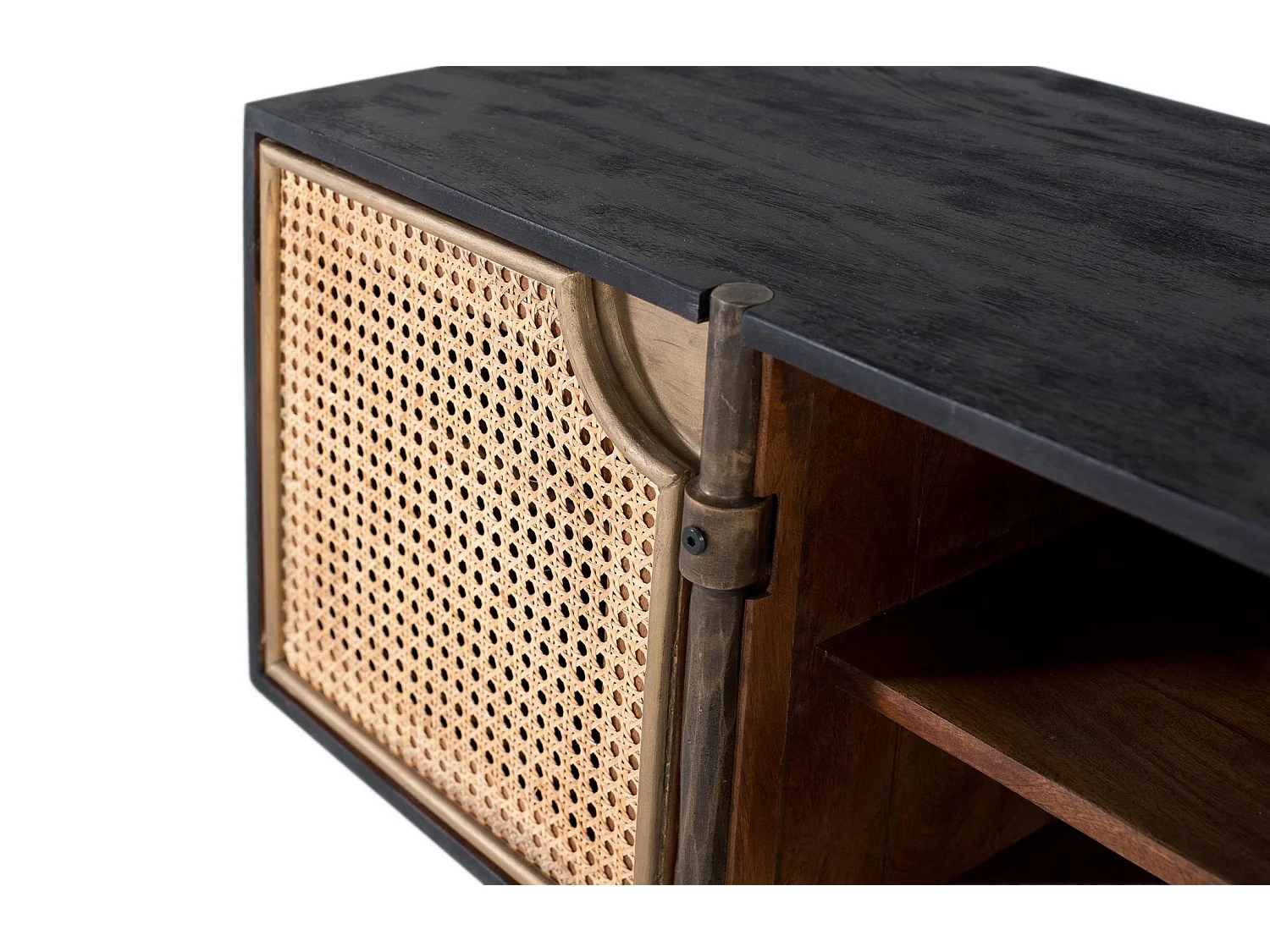 Meuble TV en bois de manguier avec portes cannage et pieds en bronze