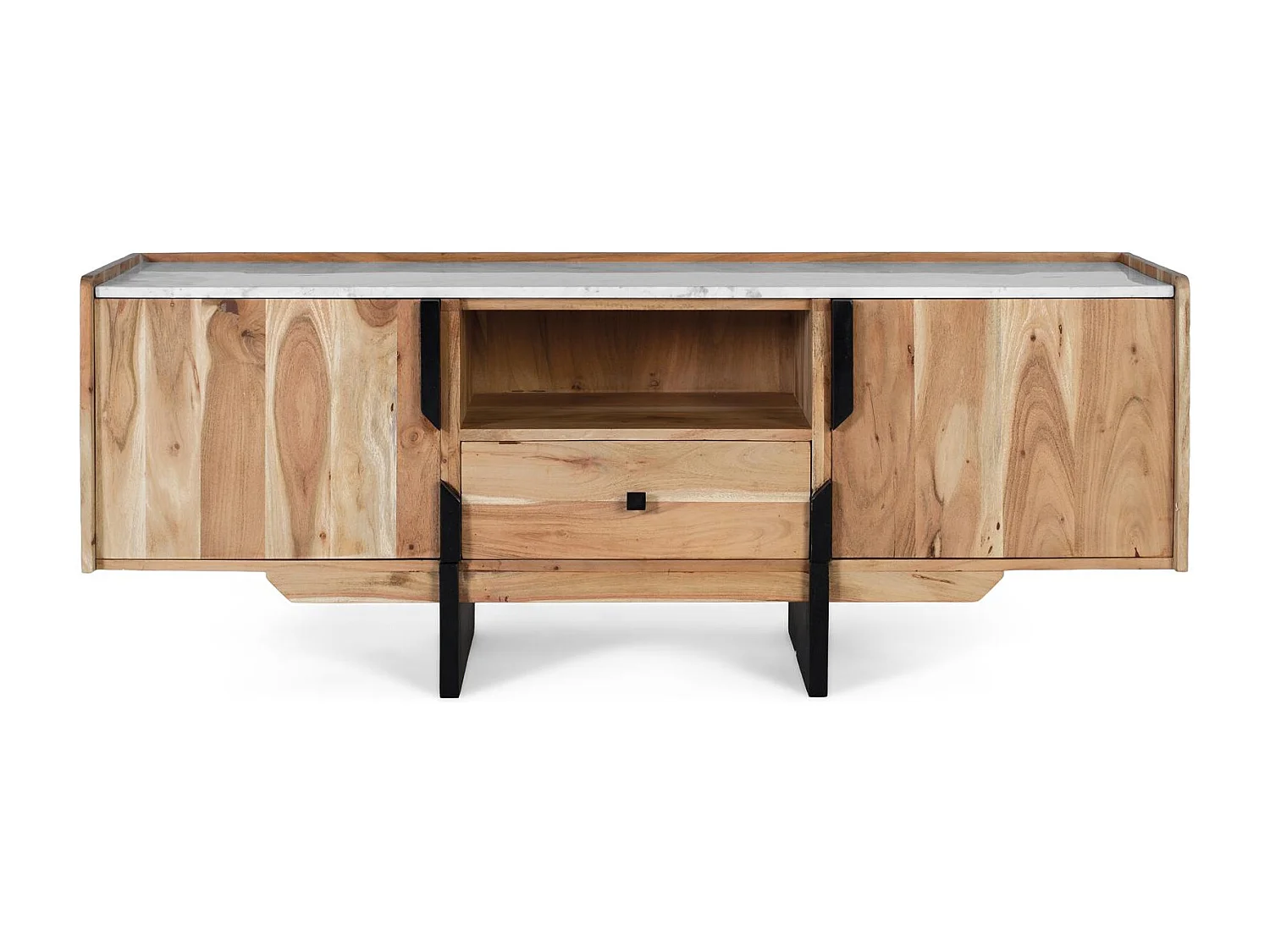 Meuble TV en bois d’acacia et marbre blanc