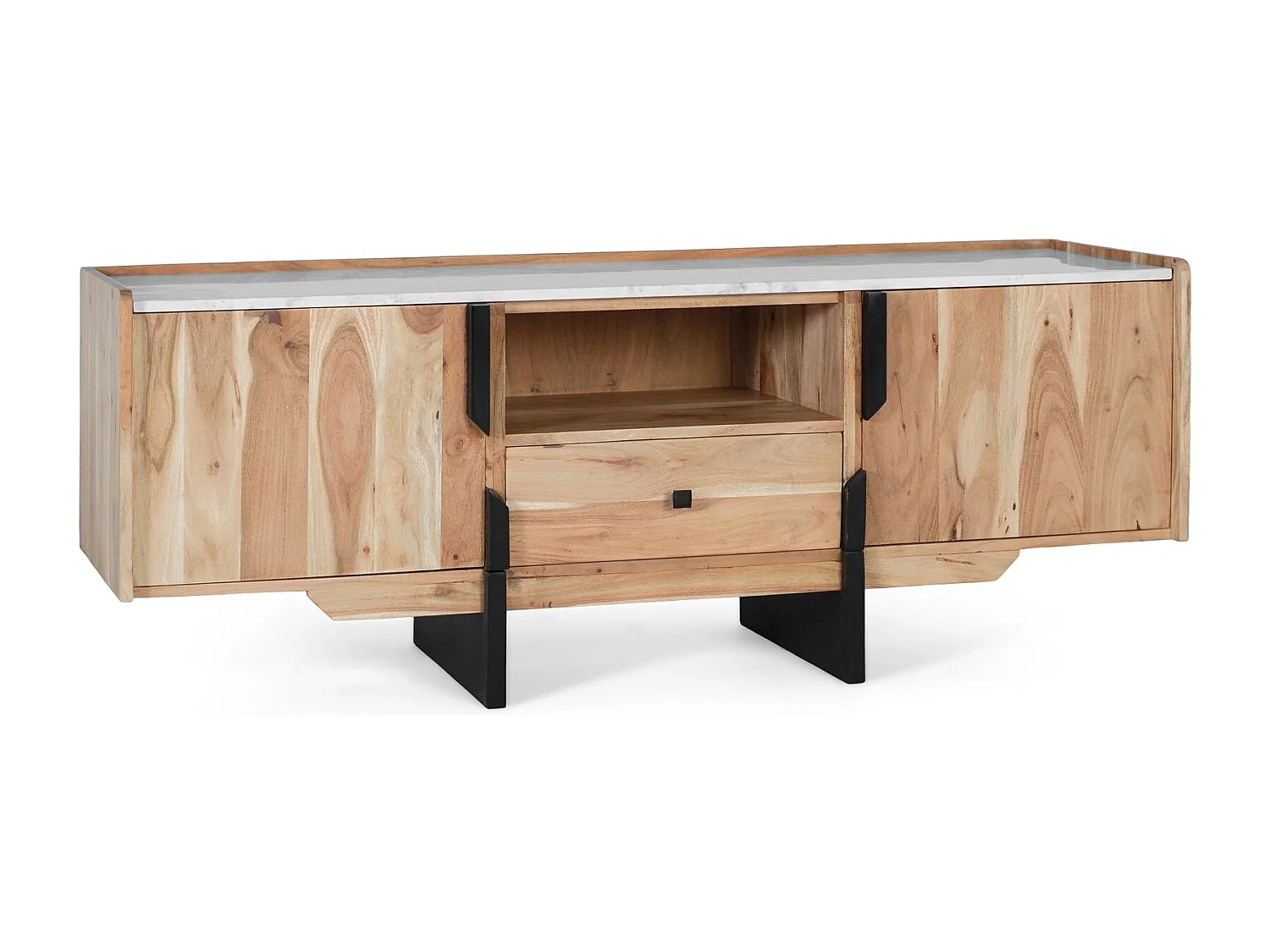 Meuble TV en bois d’acacia et marbre blanc