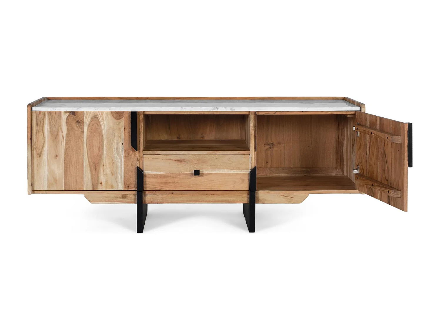 Meuble TV en bois d’acacia et marbre blanc