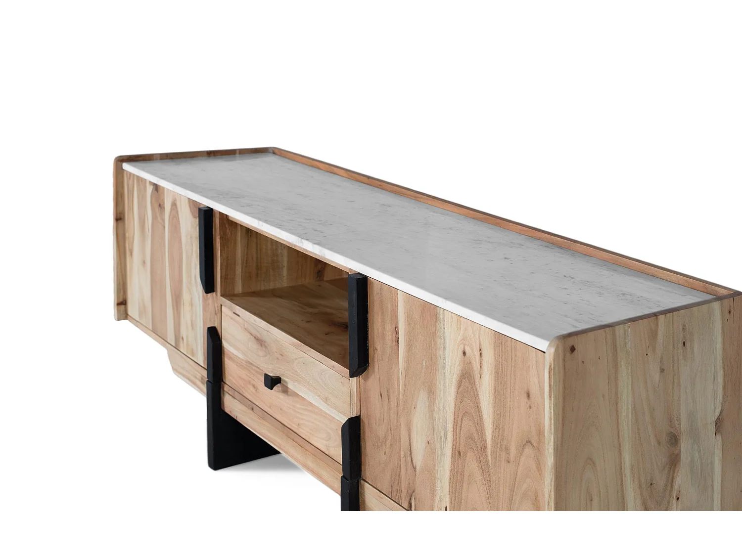 Meuble TV en bois d’acacia et marbre blanc