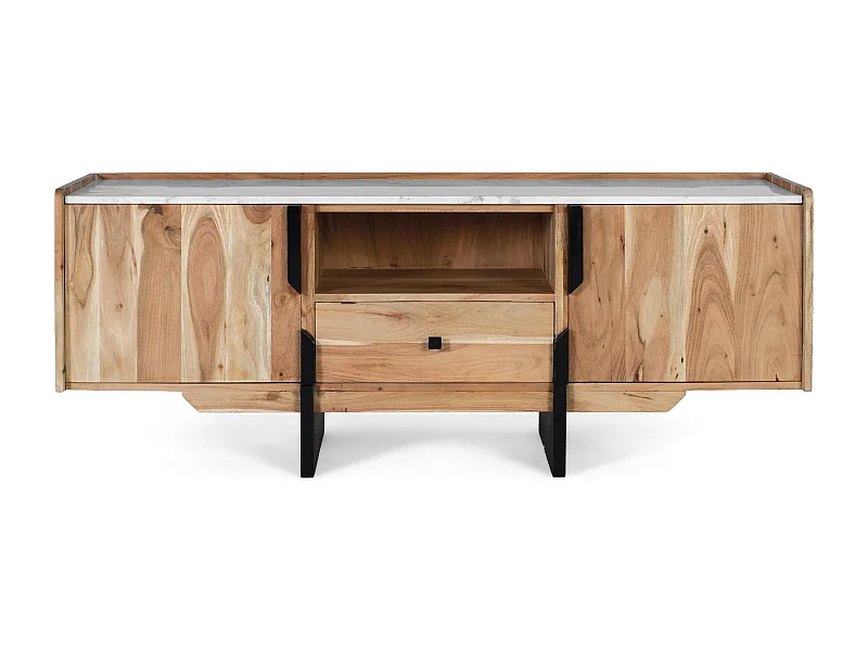 Móvel para TV em madeira de acácia e mármore branco.