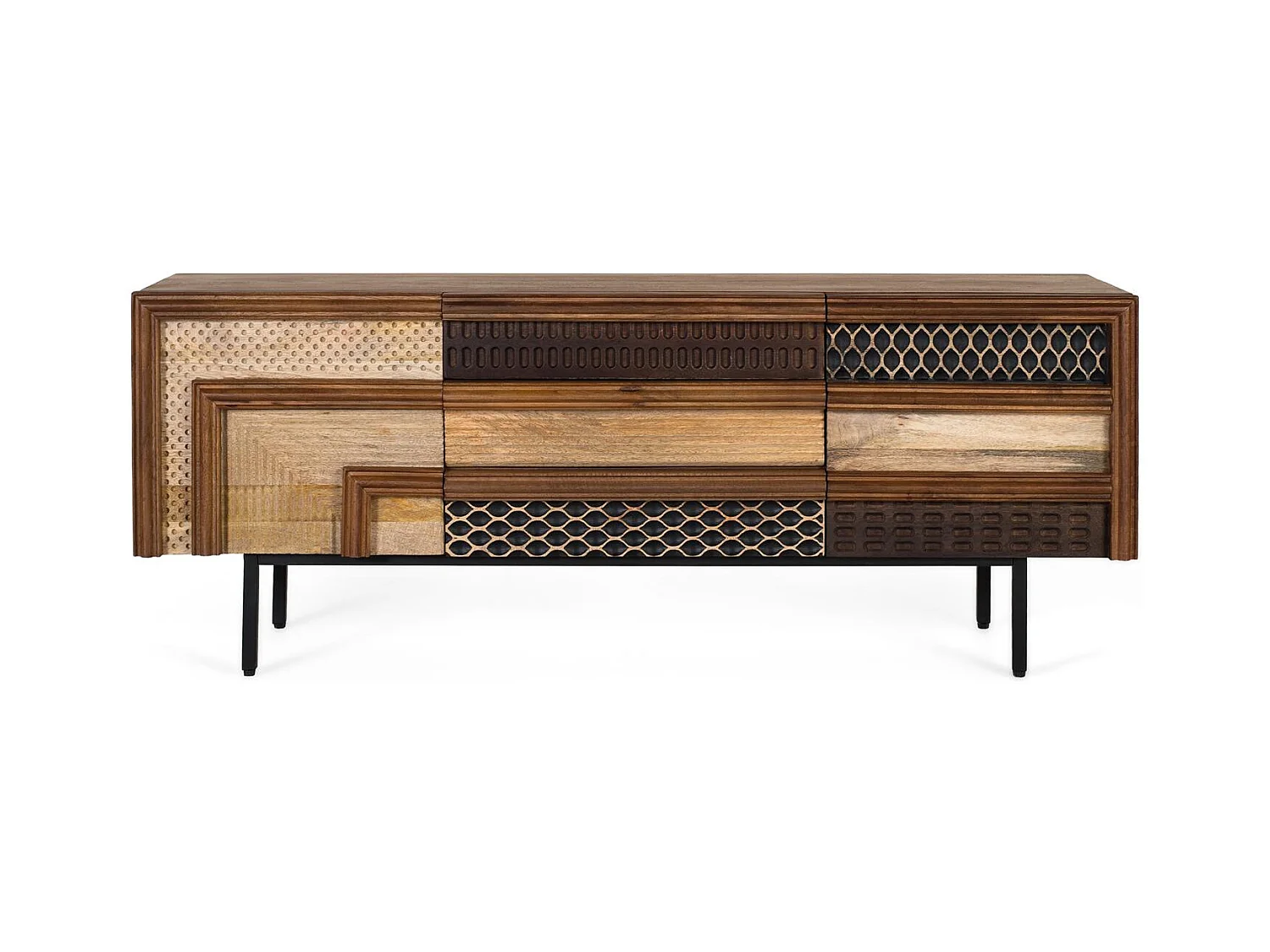 Meuble TV en bois de manguier avec motifs géométriques texturés