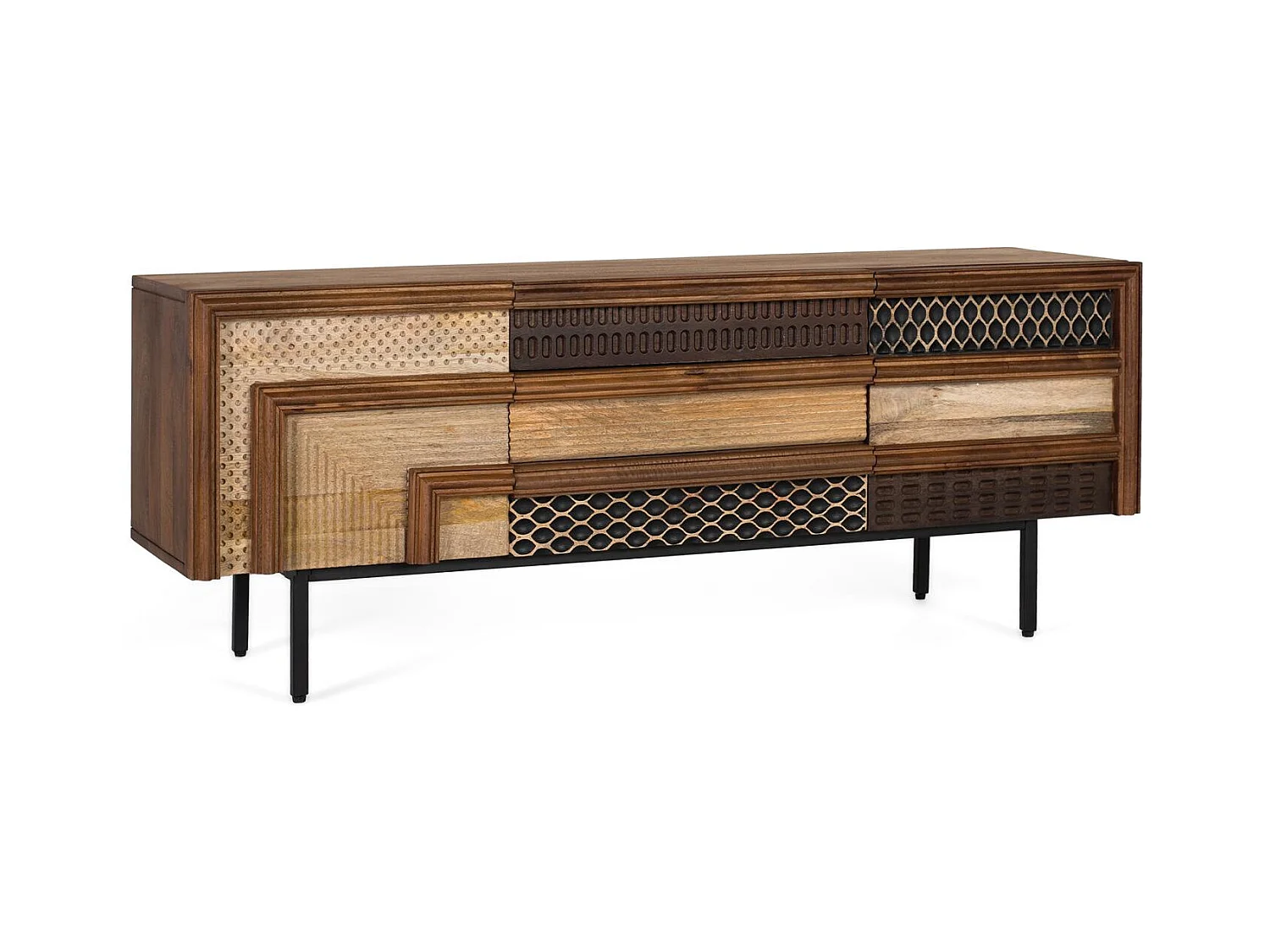 Meuble TV en bois de manguier avec motifs géométriques texturés