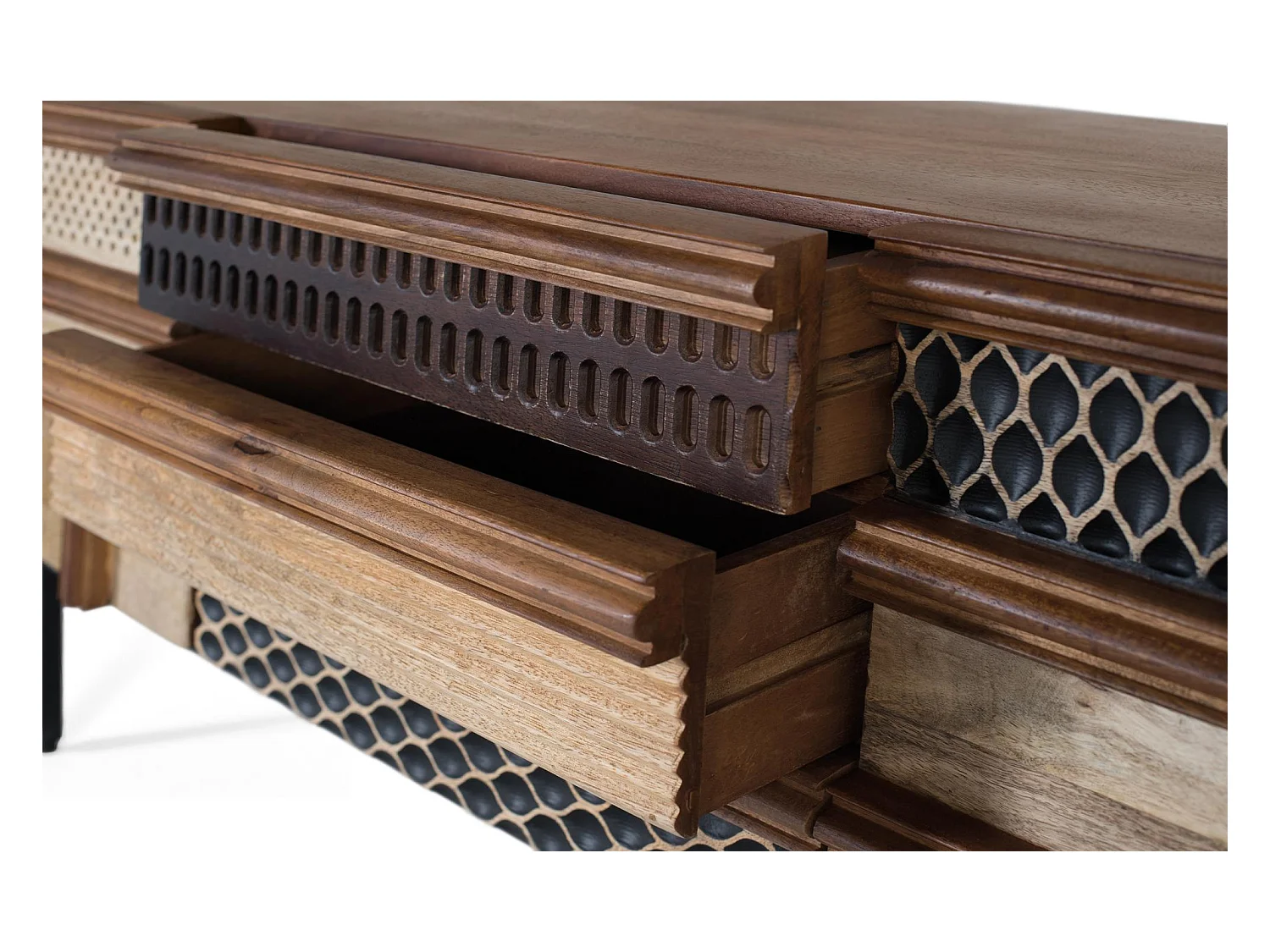 Meuble TV en bois de manguier avec motifs géométriques texturés