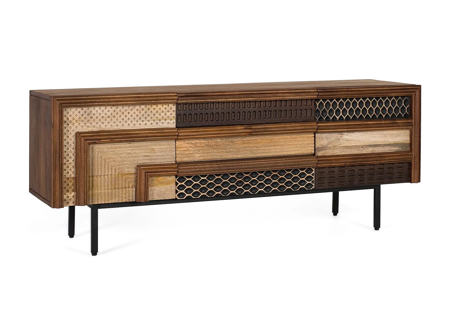 TV-Schrank aus Mangoholz mit strukturierten geometrischen Mustern
