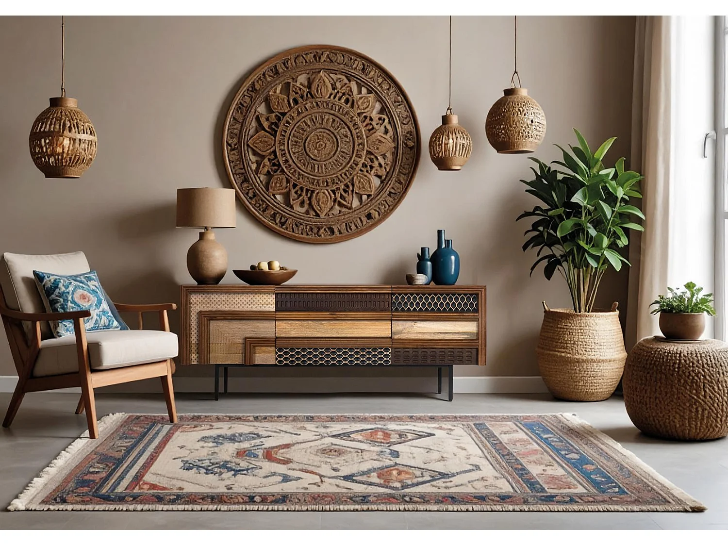 TV-Schrank aus Mangoholz mit strukturierten geometrischen Mustern