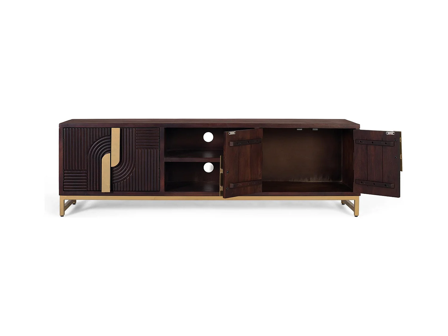 TV-Schrank aus massivem Mangoholz mit goldenem Metallsockel