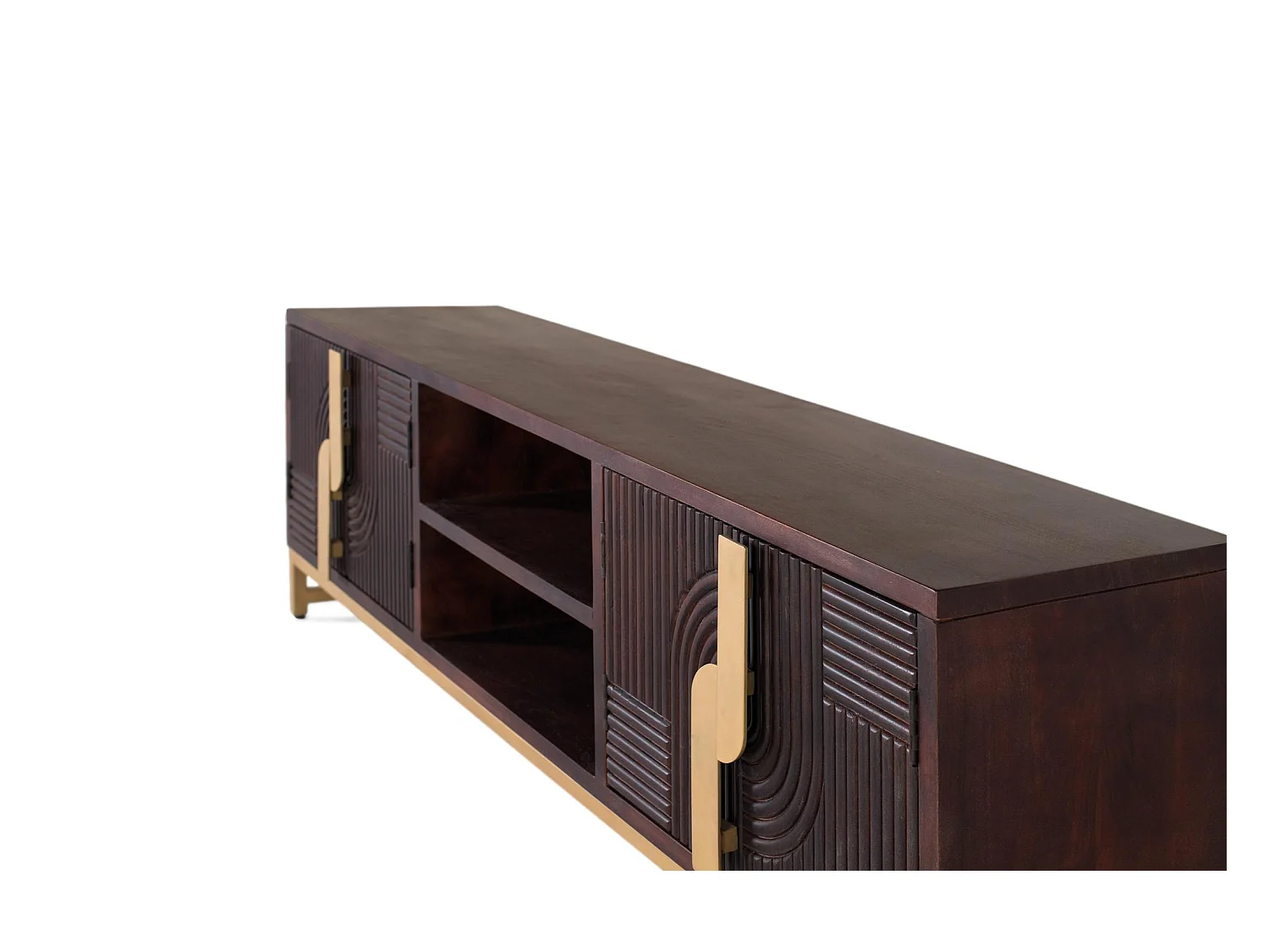 TV-Schrank aus massivem Mangoholz mit goldenem Metallsockel