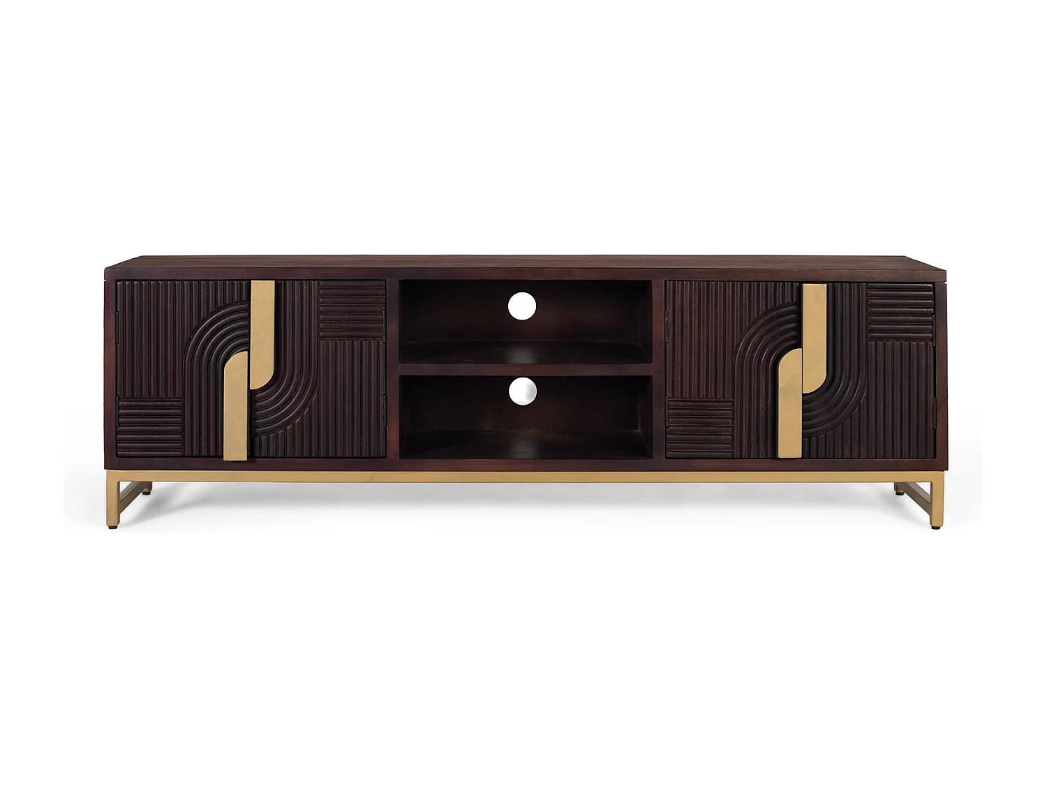 TV-Schrank aus massivem Mangoholz mit goldenem Metallsockel