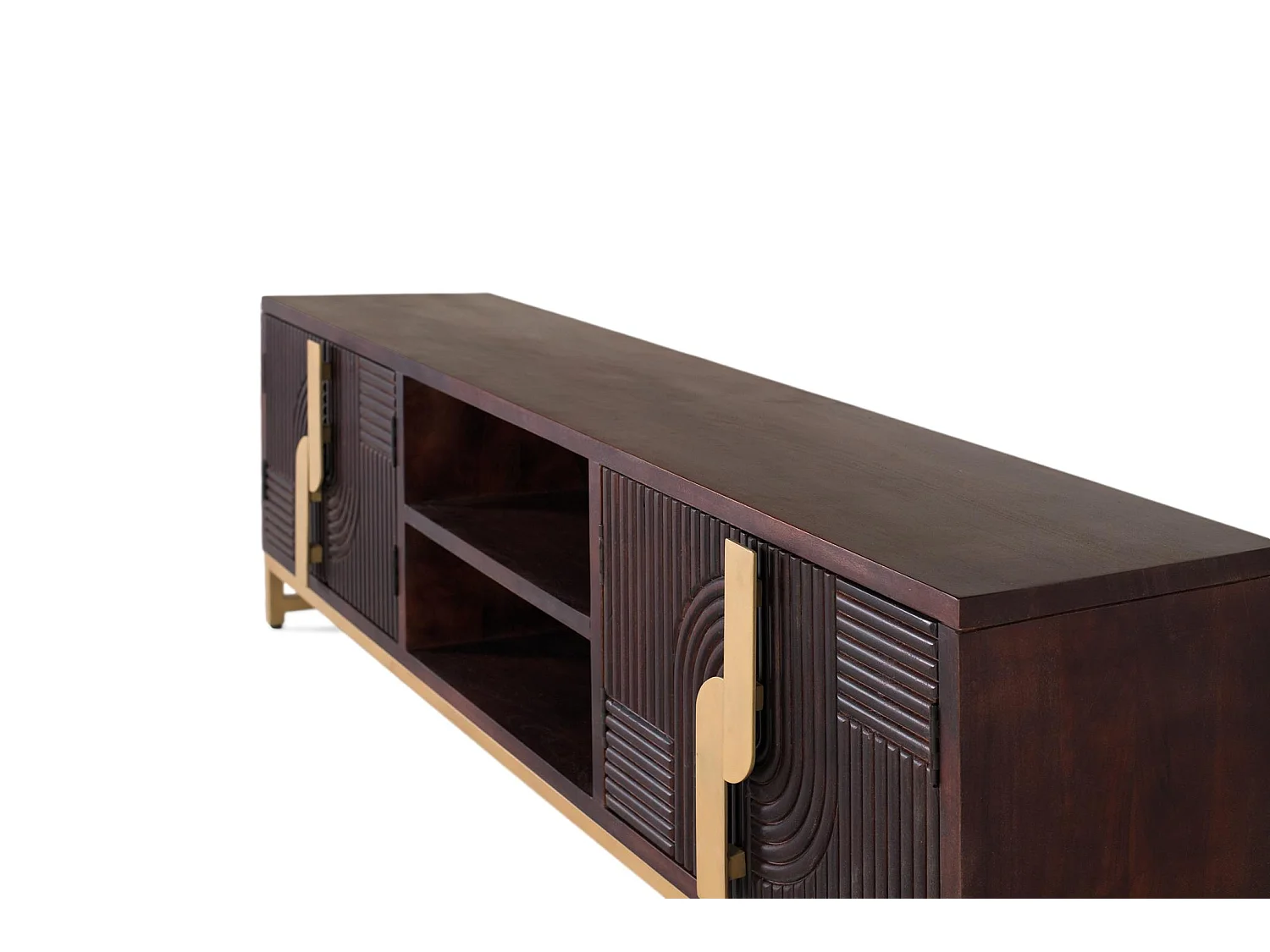 TV-Schrank aus massivem Mangoholz mit goldenem Metallsockel