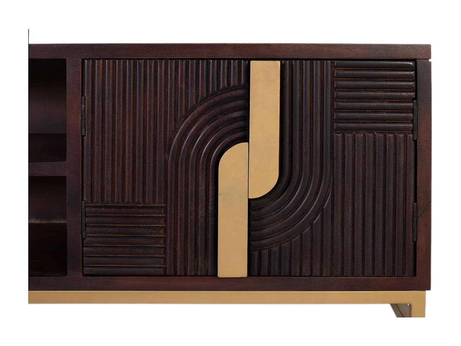 TV-Schrank aus massivem Mangoholz mit goldenem Metallsockel