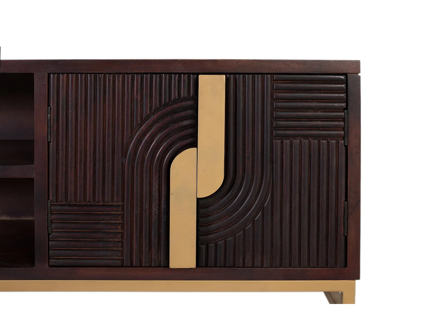 TV-bord lavet af massivt mangotræ med guldfarvet metalfod