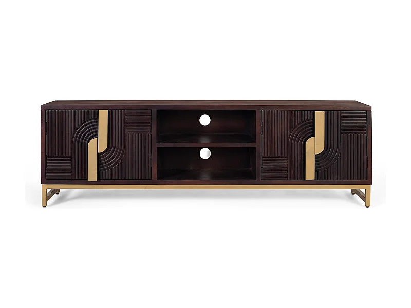 TV-Schrank aus massivem Mangoholz mit goldenem Metallsockel