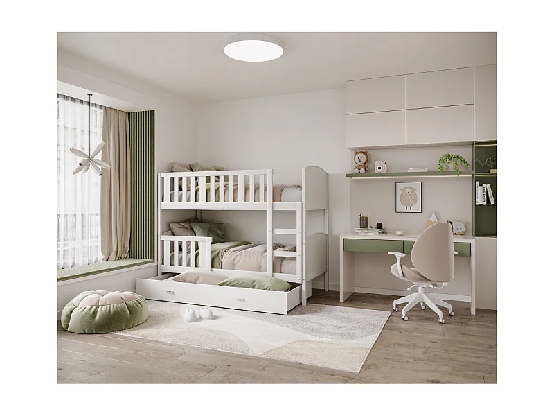 Lit  superposé  Tedy 80X160 cm - 2 Matelas , 2 Sommiers et Tiroir inclus Blanc