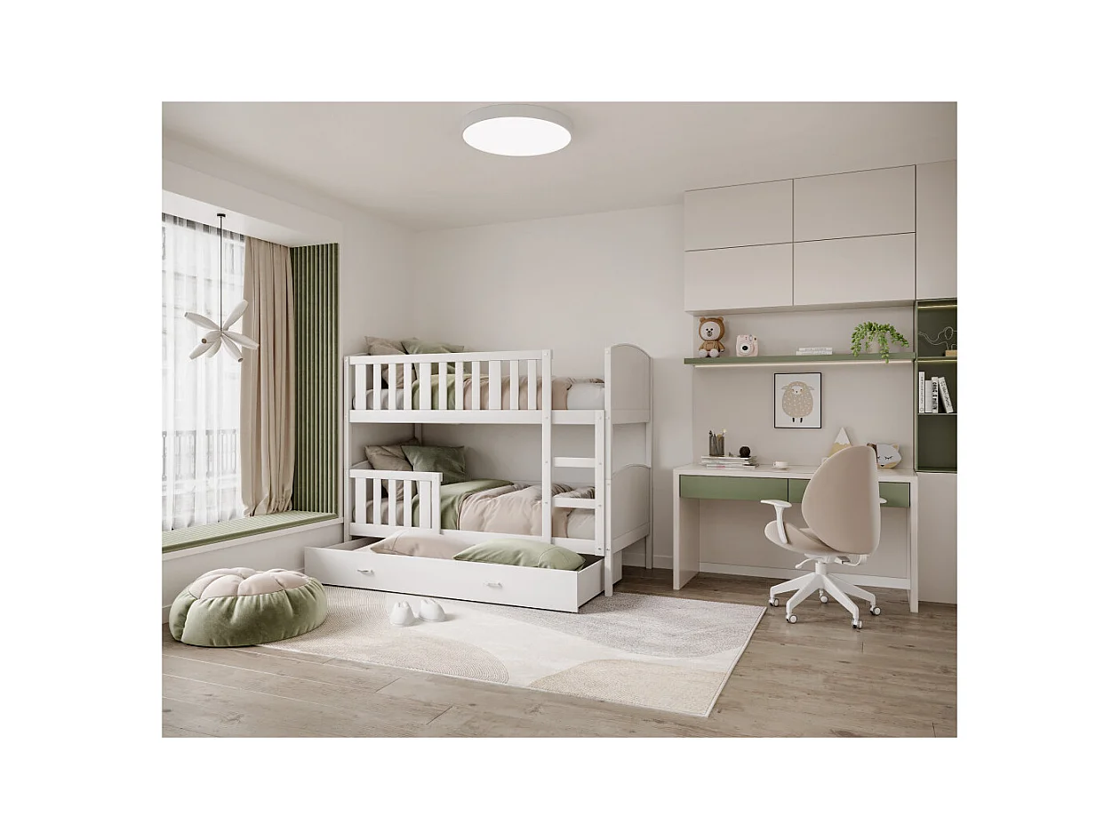 Lit  superposé  Tedy 80X160 cm - 2 Matelas , 2 Sommiers et Tiroir inclus Blanc