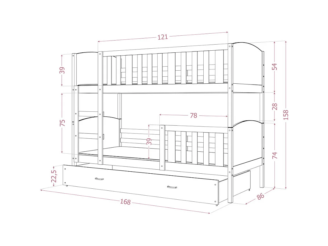 Lit  superposé  Tedy 80X160 cm - 2 Matelas , 2 Sommiers et Tiroir inclus Blanc