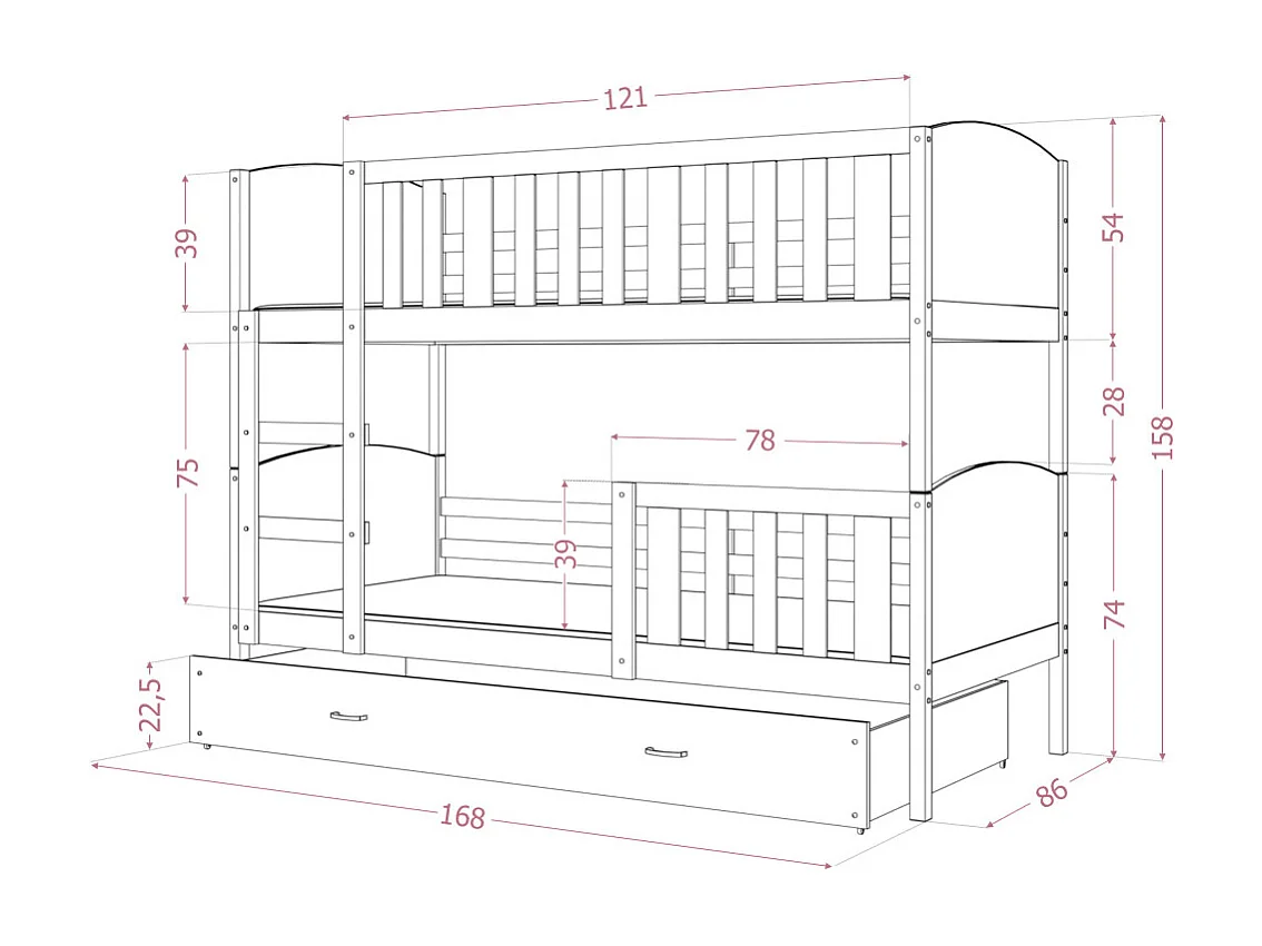 Lit  superposé  Tedy 80X160 cm - 2 Matelas , 2 Sommiers et Tiroir inclus Blanc
