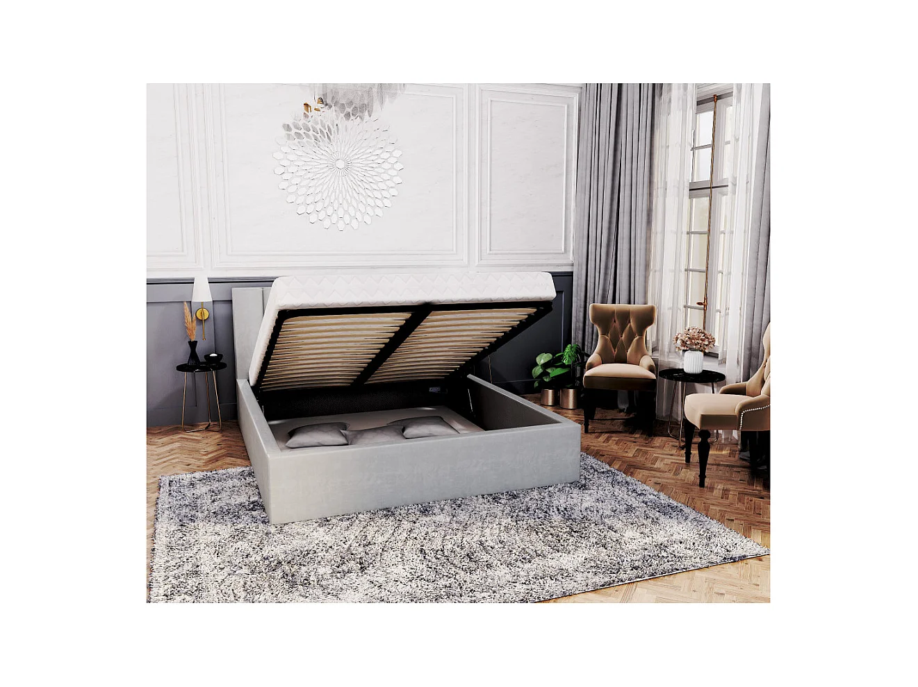 Lit coffre Lorado 160 x 200 cm avec sommier à lattes relevable Gris Clair