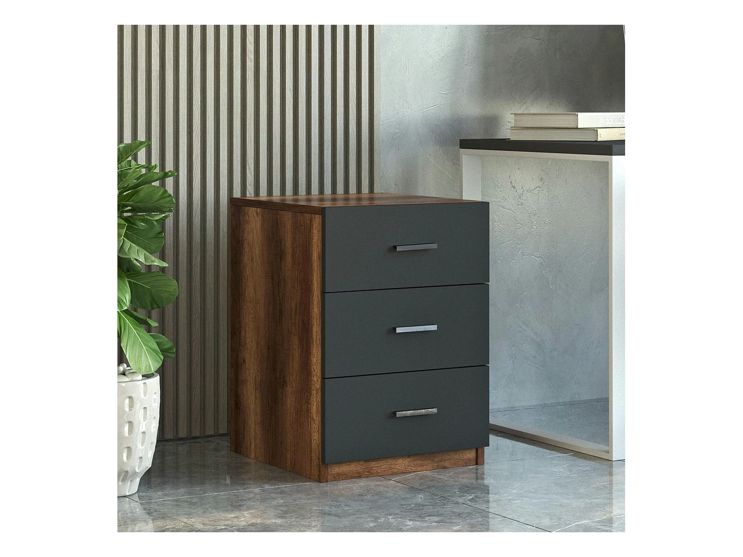 Caisson de bureau 3 tiroirs effet noyer et gris MARFA